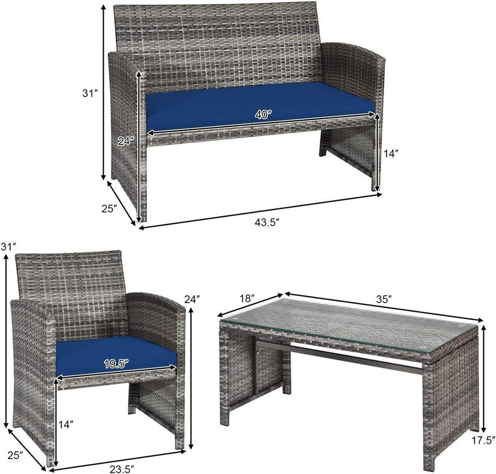 Giantex 4 Pc Patio Conversation Set, Rattan Loveseat & Patio Chairs with Cushioned Seat, Wicker Coffee Table, Outdoor Furniture Set for Front Porch Poolside Garden Lawn