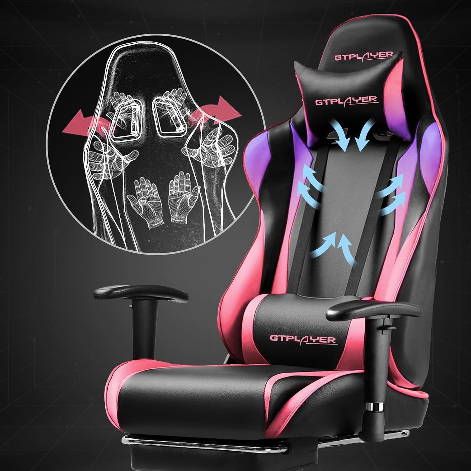 GTPLAYER Gaming Chair with Footrest, Ergonomic Computer Game Desk Chair, Recline Gaming Chair Seat Height Adjustment, Swivel Rocker with Headrest and Lumbar (Colorful)