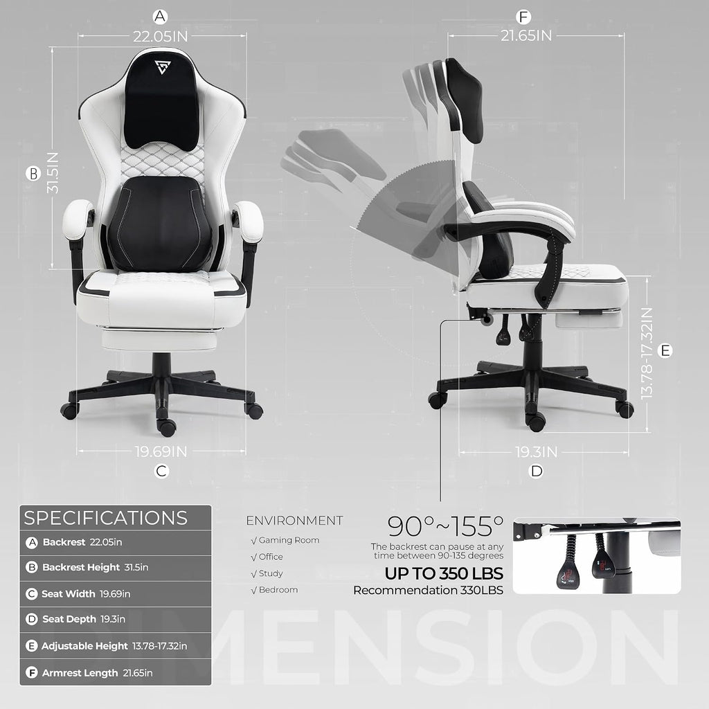 Vigosit Gaming Chair with Heated Massage Lumbar Support, Ergonomic Gaming Computer Chair with Pocket Spring Cushion and Footrest, Recliner High Back PC Chair for Adult, 330lbs, White