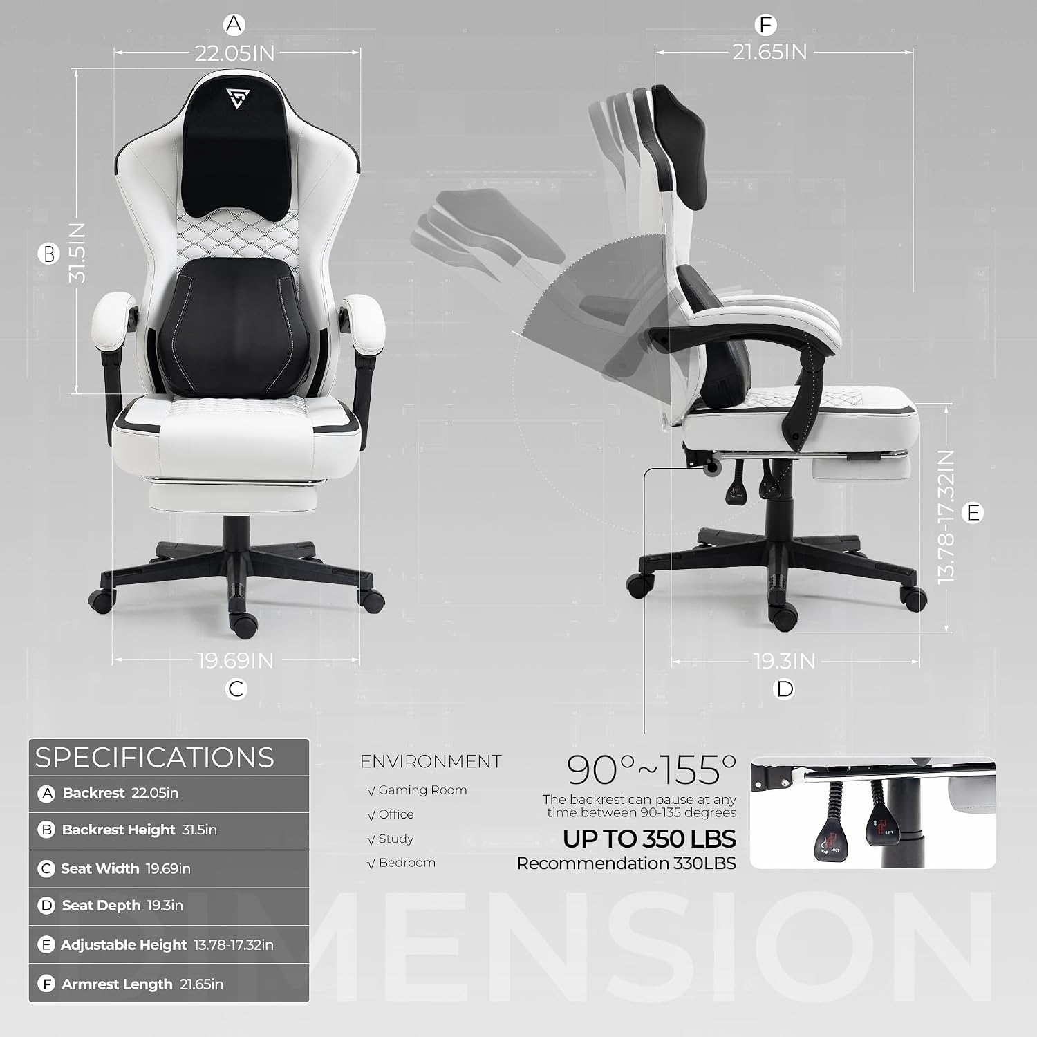 Vigosit Gaming Chair with Heated Massage Lumbar Support, Ergonomic Gaming Computer Chair with Pocket Spring Cushion and Footrest, Recliner High Back PC Chair for Adult, 330lbs, White