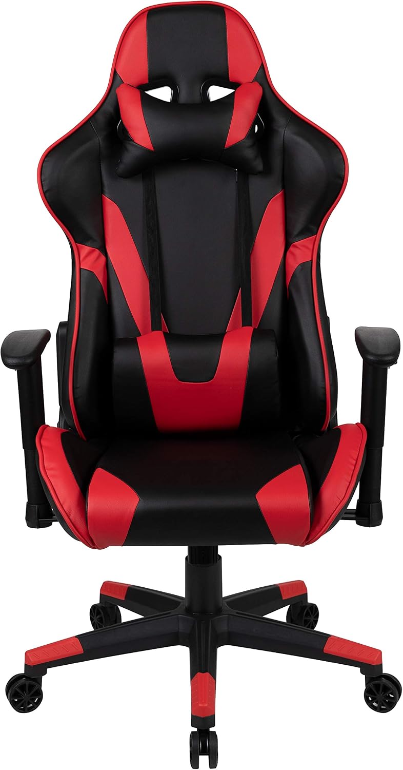Flash Furniture X20 Fully Reclining LeatherSoft Racing Style Gaming Chair with and Lumbar Pillows, Ergonomic Padded Swivel Computer Chair, Red/Black
