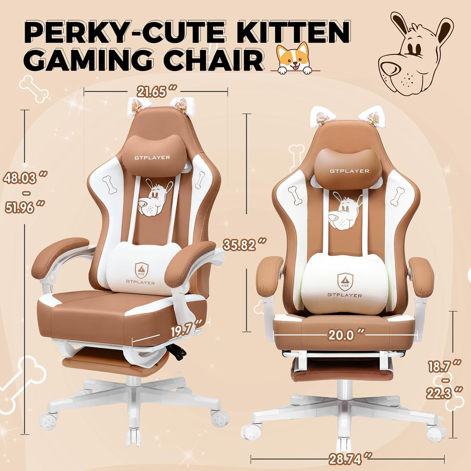 Gaming Chair Cute with Cat Ears Ergonomic Computer Chair with Dog Embroidery Adjustable Memory Foam Lumbar Support and Headrest Comfortable Reclining Office Chair for Girls, Teens, Women
