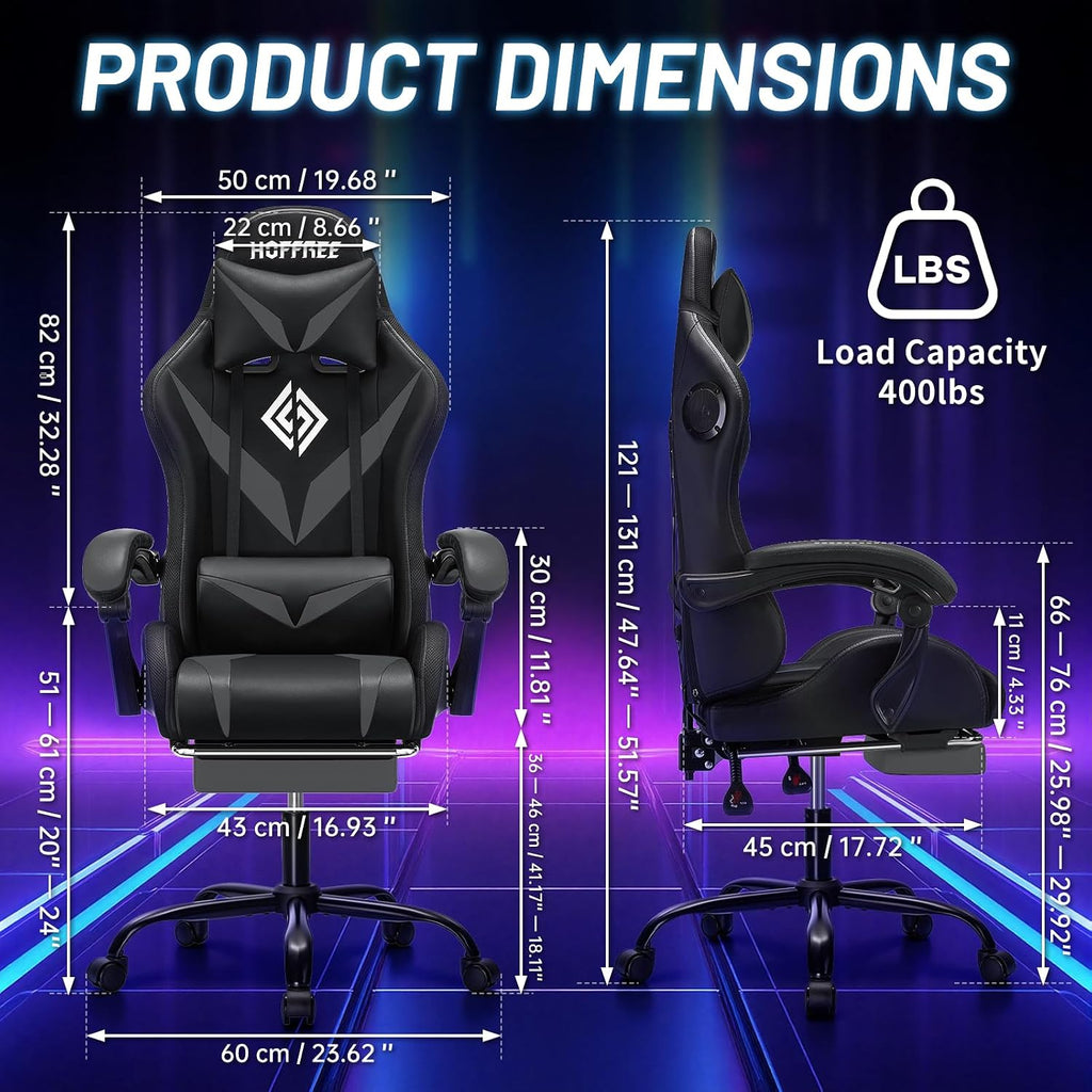 HOFFREE Gaming Chair Massage with Bluetooth Speakers and Led Lights Ergonomic Computer Gaming Chairs with Footrest RGB Video Game Chair with High Back Lumbar Support Grey and Black