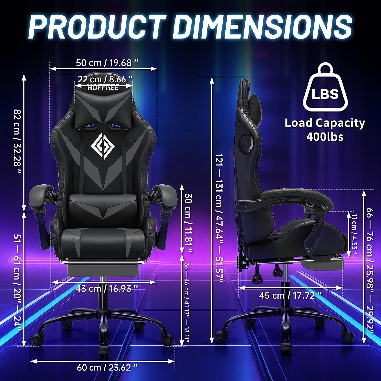 HOFFREE Gaming Chair Massage with Bluetooth Speakers and Led Lights Ergonomic Computer Gaming Chairs with Footrest RGB Video Game Chair with High Back Lumbar Support Grey and Black