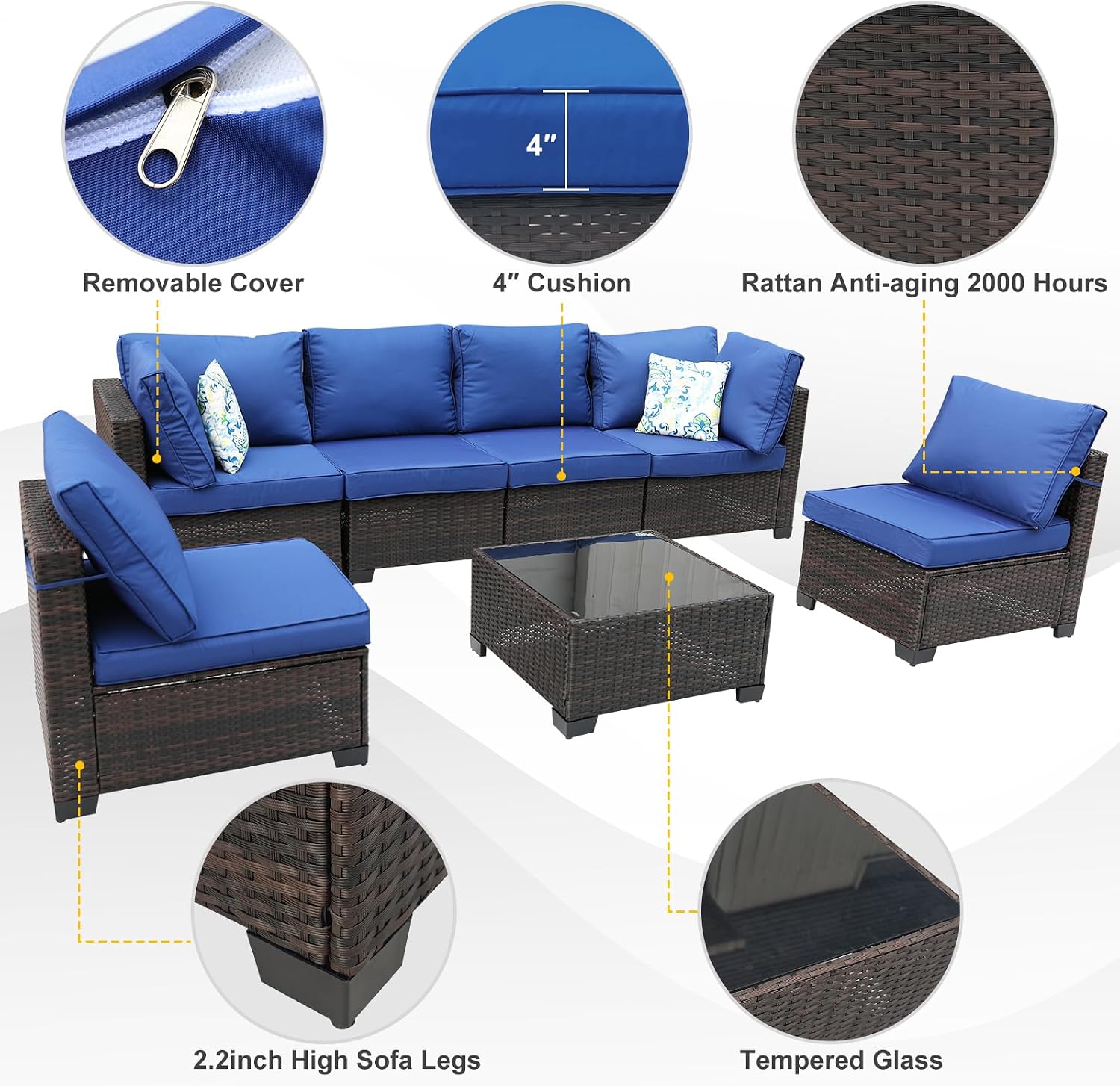 7 Pieces Patio Furniture Set (Brown/Blue), All-Weather Outdoor Sectional Sofa with Anti-Slip Cushions & 2 Pillows, Conversation Set Perfect for Garden, Lawn, Deck