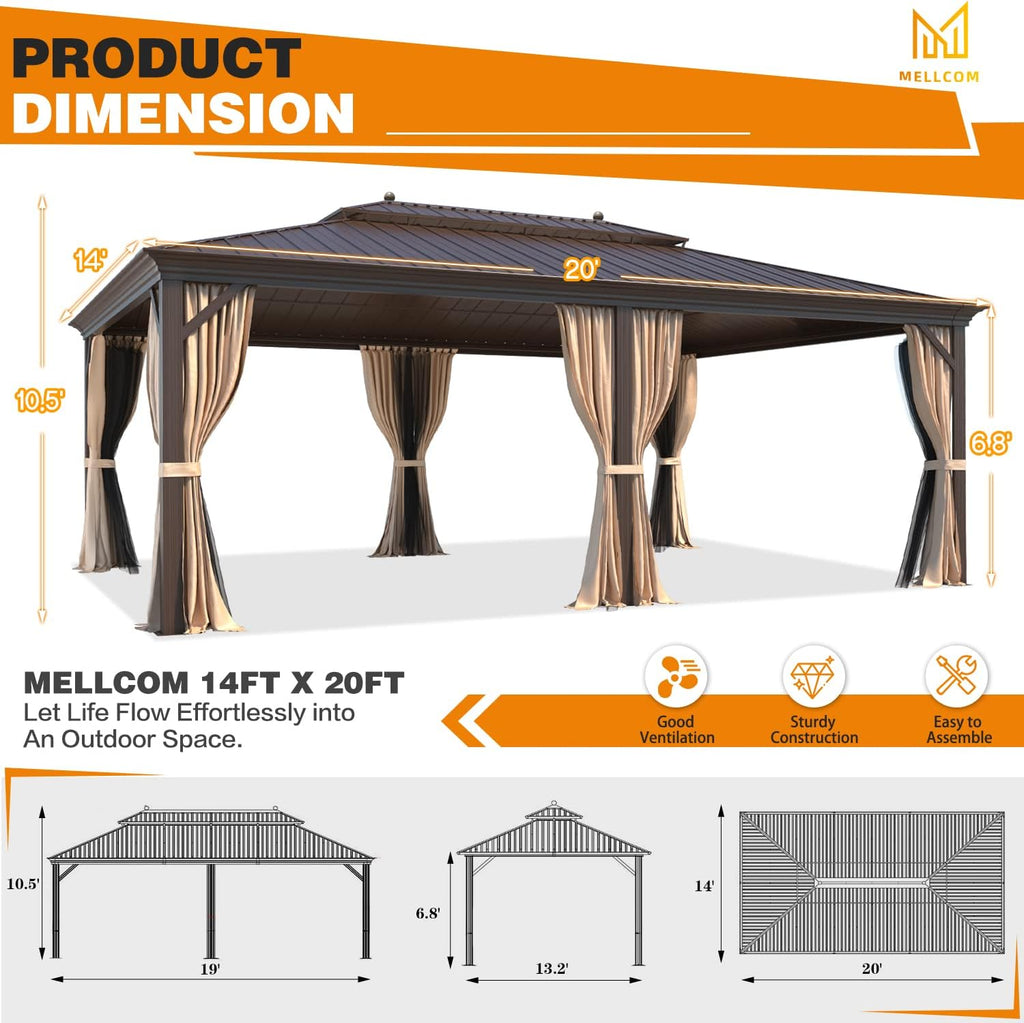 MELLCOM 14'x20' Hardtop Gazebo, Galvanized Steel Metal Double Roof Aluminum Gazebos with Curtain and Netting, Brown Permanent Pavilion Gazebo with Aluminum Frame for Patios, Gardens, Lawn