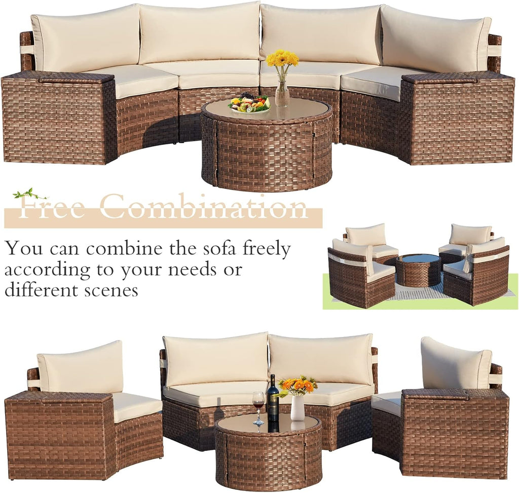 ECOTOUGE 7 Piece Patio Furniture Sets, Half-Moon Circle Conversation Set, Curved Wicker Outdoor Sectional with 2 Storage Armrests and Glass Coffee Table, Garden Balcony and Backyard (Beige)