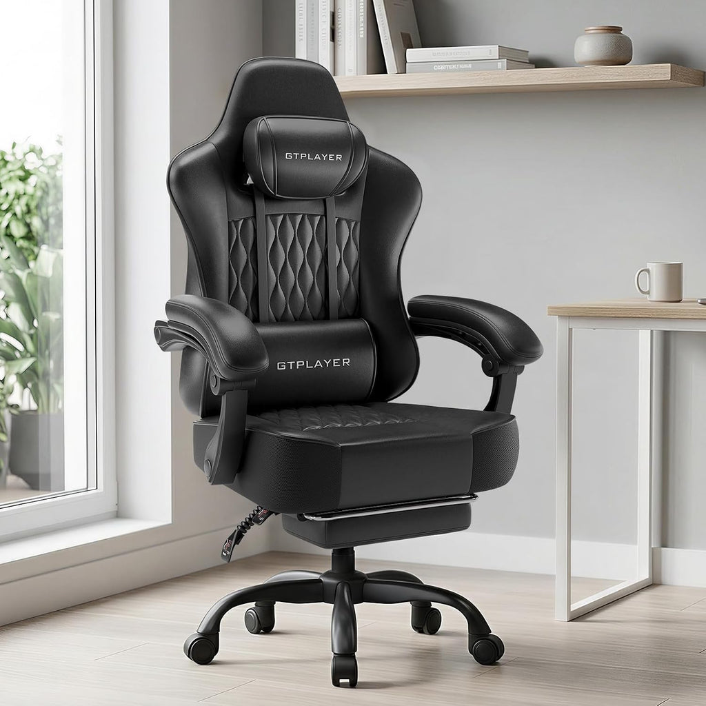 GTPLAYER Big and Tall Gaming Chair with Footrest, Ergonomic Office Desk Chair with 4.4in Thick Cushion and Wide Wingless Seat, Comfortable Leather Computer Chair, Predator Series, Satin Black