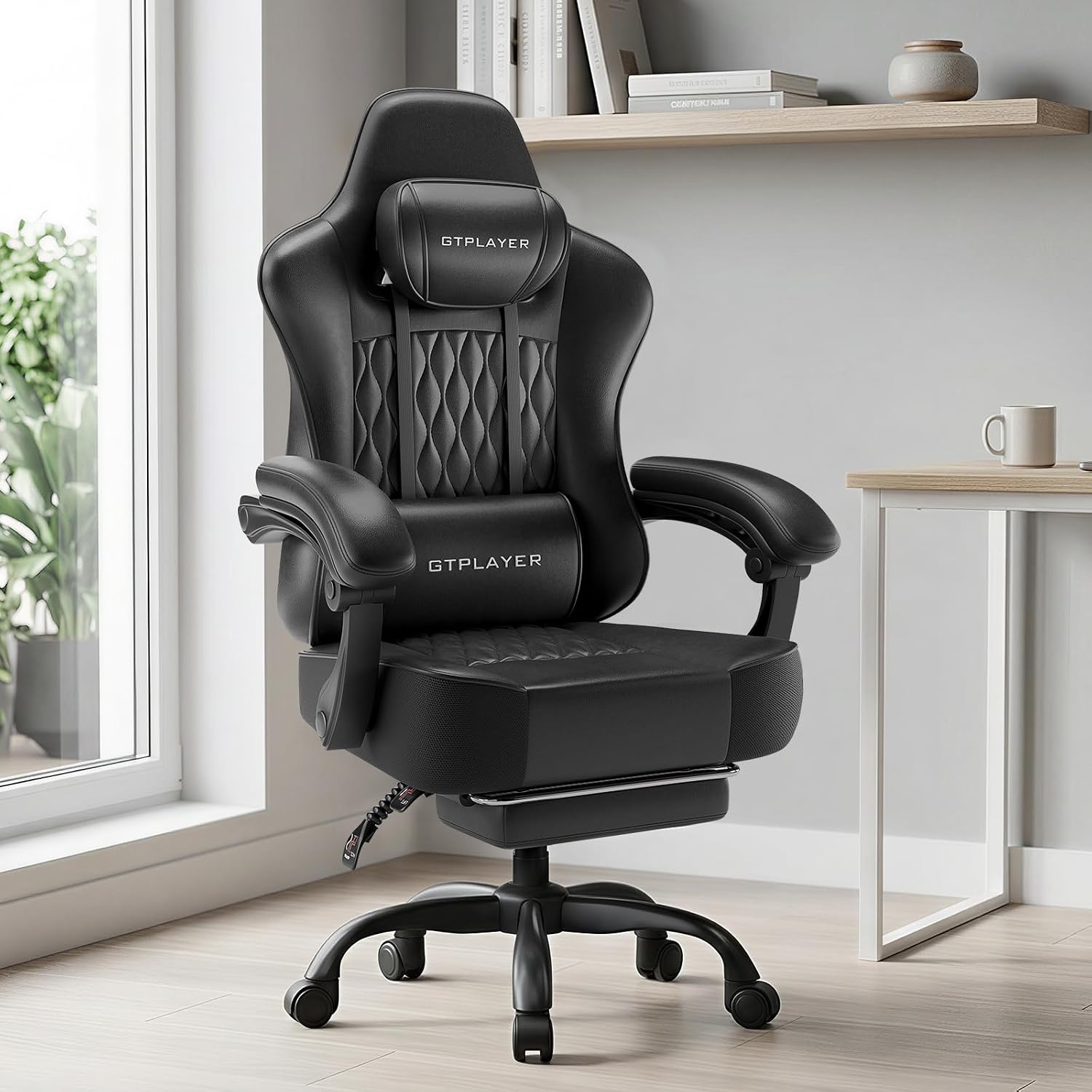 GTPLAYER Big and Tall Gaming Chair with Footrest, Ergonomic Office Desk Chair with 4.4in Thick Cushion and Wide Wingless Seat, Comfortable Leather Computer Chair, Predator Series, Satin Black