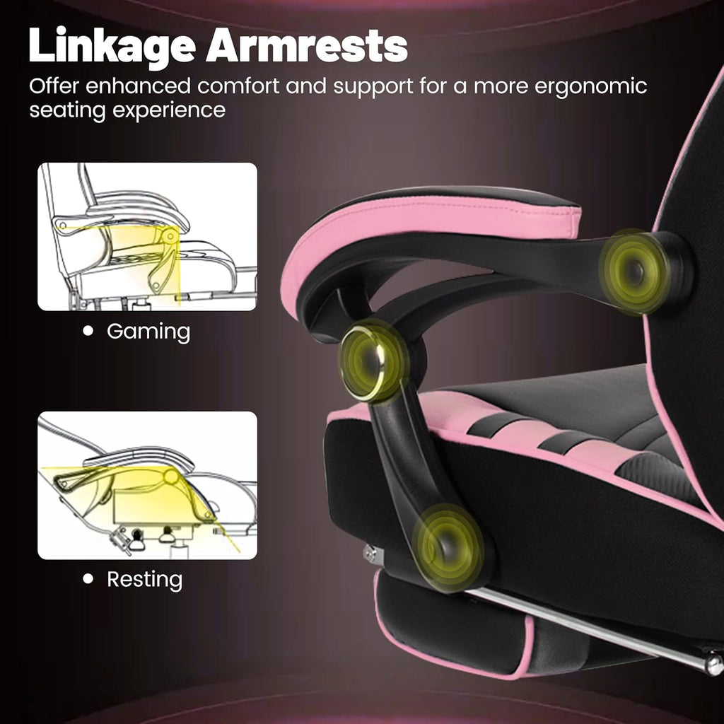 Goplus Gaming Chair, Computer Chair with Footrest and Lumbar Support, Height Adjustable Executive Swivel Rolling Task Chair with 90°-155° Tilt Function (Pink)