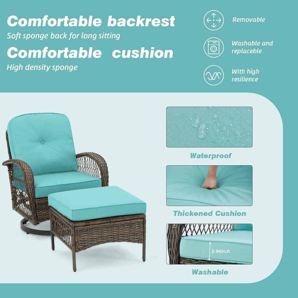 EROMMY 5 Pieces Outdoor Swivel Rocker Patio Chairs, 360 Degree Rocking Patio Conversation Set with Thickened Cushions, Glass Coffee Table and Ottomans for Backyard, Blue