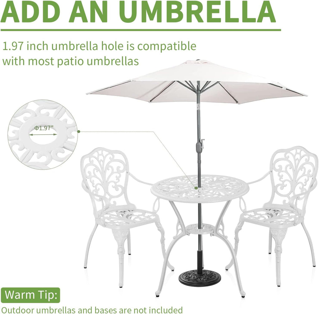 Patio Bistro Sets 3 Piece,Cast Aluminum Bistro Table and Chairs Set of 2 with 1.97' Umbrella Hole,All Weather Bistro Table Set Outdoor Patio Furniture for Garden,Yard(Butterfly White)