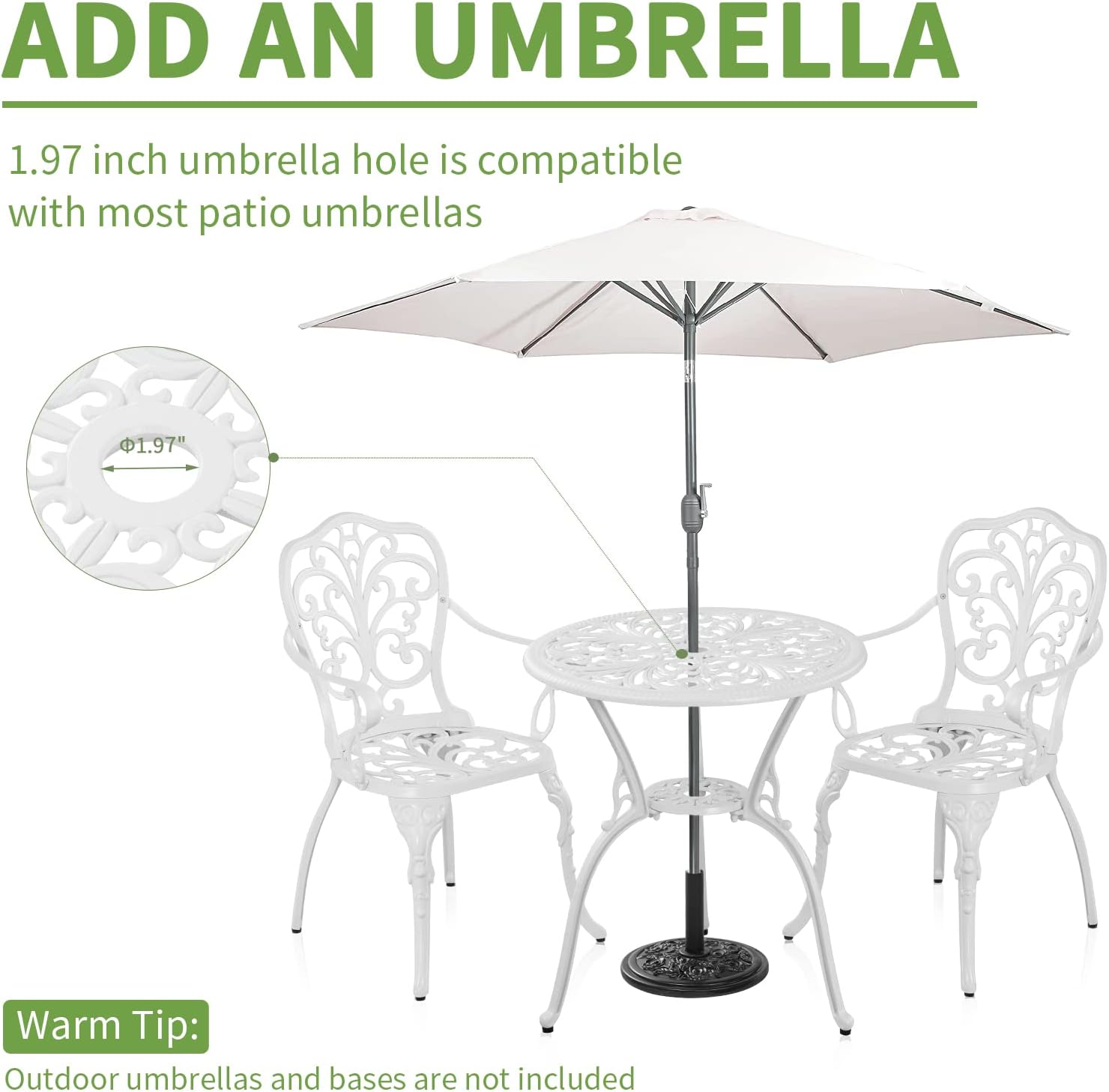Patio Bistro Sets 3 Piece,Cast Aluminum Bistro Table and Chairs Set of 2 with 1.97' Umbrella Hole,All Weather Bistro Table Set Outdoor Patio Furniture for Garden,Yard(Butterfly White)