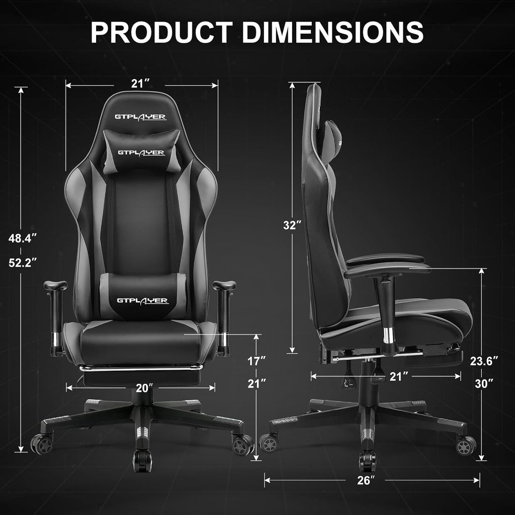 GTPLAYER Gaming Chair with Footrest, Ergonomic Computer Game Desk Chair, Recline Gaming Chair Seat Height Adjustment, Swivel Rocker with Headrest and Lumbar (Gray)