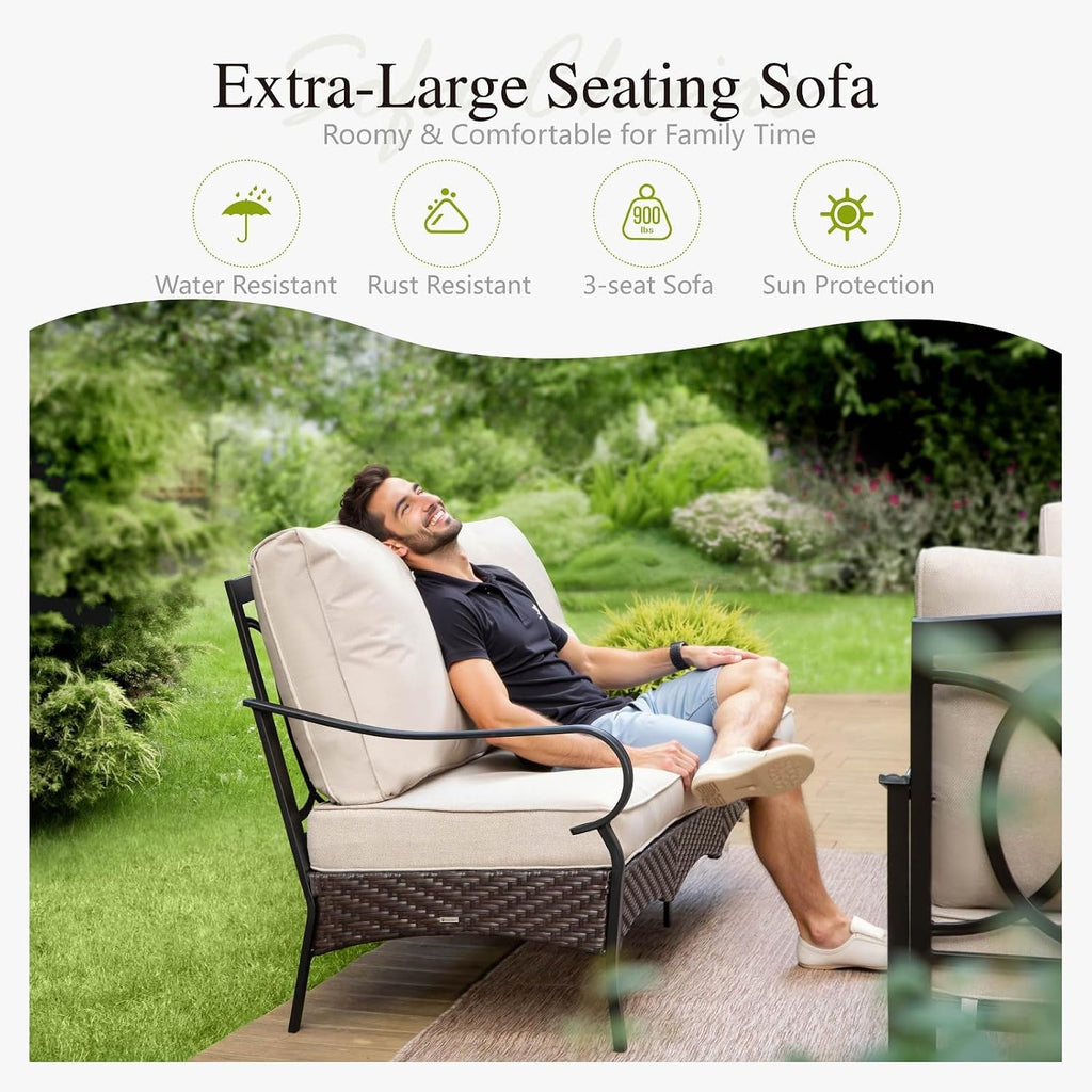 Sophia & William Patio Furniture Set with Fire Pit Table, 6 PCS Metal Outdoor Conversation Set with Fire Pit Table, 2 Sofa Chairs,2 Ottoman, 3-Seater Couch for Outdoor Seating, Backyard, Porch(Beige)