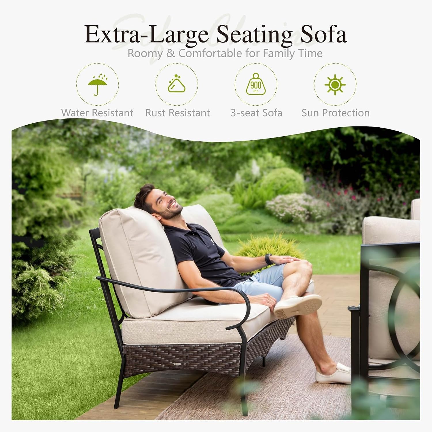 Sophia & William Patio Furniture Set with Fire Pit Table, 6 PCS Metal Outdoor Conversation Set with Fire Pit Table, 2 Sofa Chairs,2 Ottoman, 3-Seater Couch for Outdoor Seating, Backyard, Porch(Beige)