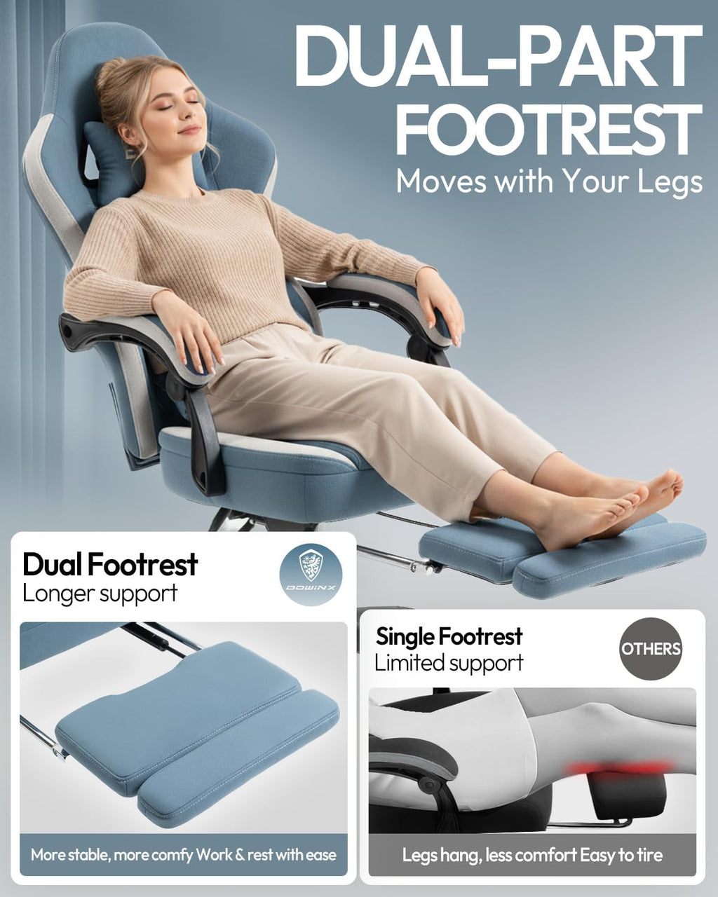 Dowinx Gaming Chair Breathable Fabric Game Chair with Gel Pad and Storage Bag, Comfortable Gamer Chair with Pocket Spring Cushion, Ergonomic Computer Chair with Footrest, Blue and White