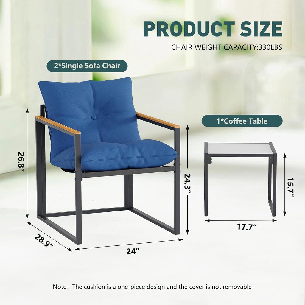 3 Piece Patio Bistro Set Outdoor - Small Space Balcony Furniture with 2 Cushioned Chairs & Coffee Table, Rust-Proof Metal Frame, Breathable Textilene, Modern Porch Deck Set (Blue)
