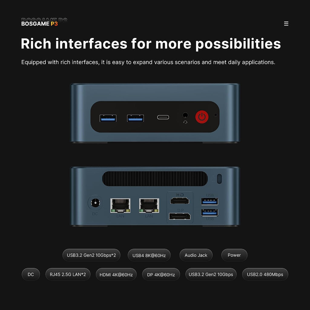 BOSGAME P3 Lite Mini Gaming PC - AMD Ryzen 7 6800H, 32GB DDR5 RAM, 1TB NVMe SSD, Triple Display, Dual 2.5G Ethernet, Wi-Fi 6E/BT 5.2, 11 Pro, Ultra-Compact Desktop Computer