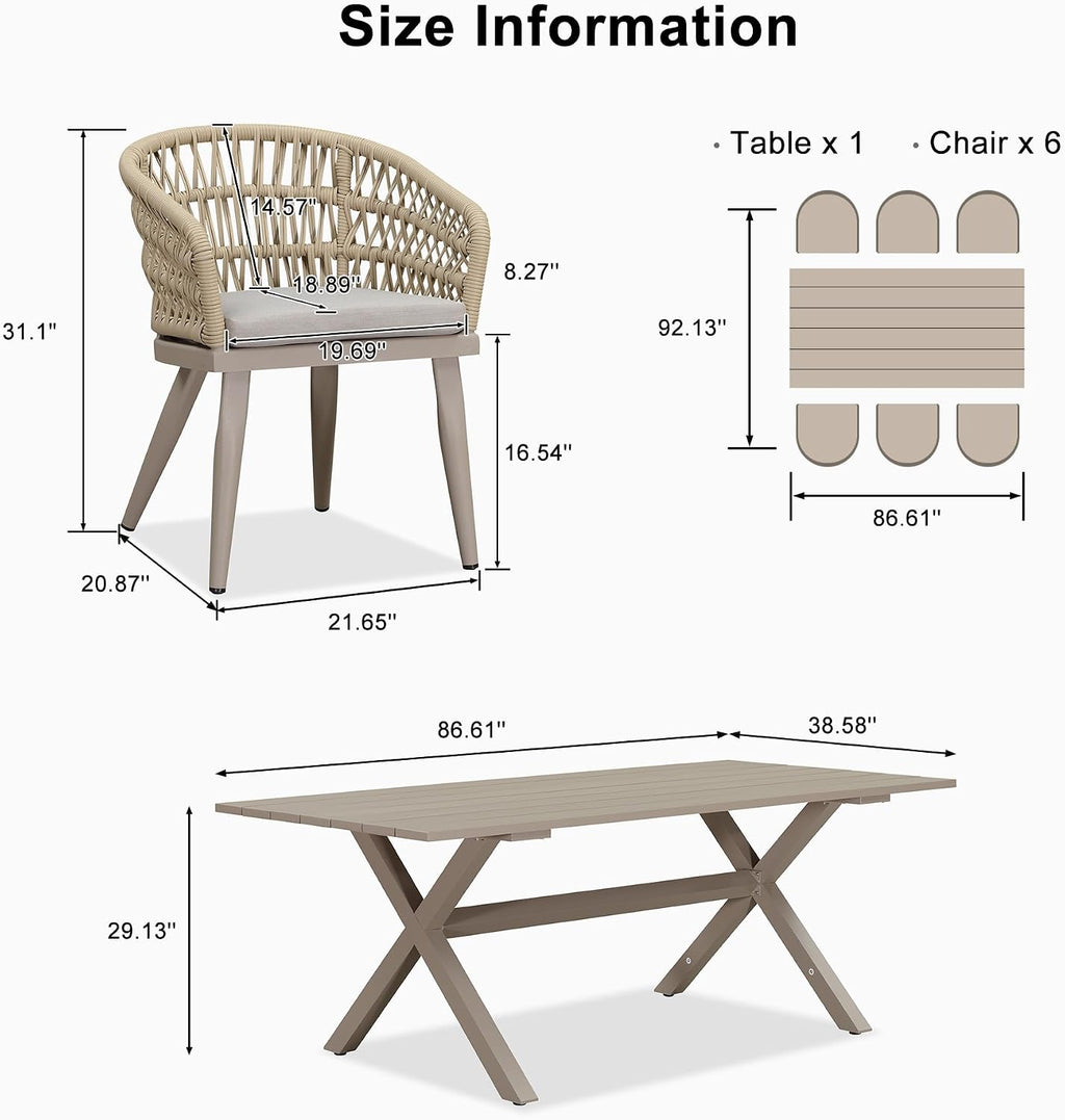 PURPLE LEAF Outdoor Dining Set All-Weather PE Rattan Patio Dining Furniture Set with All Aluminum Frame Rectangular Table and 6 Chairs Set for Lawn Garden Backyard Deck, Champagne