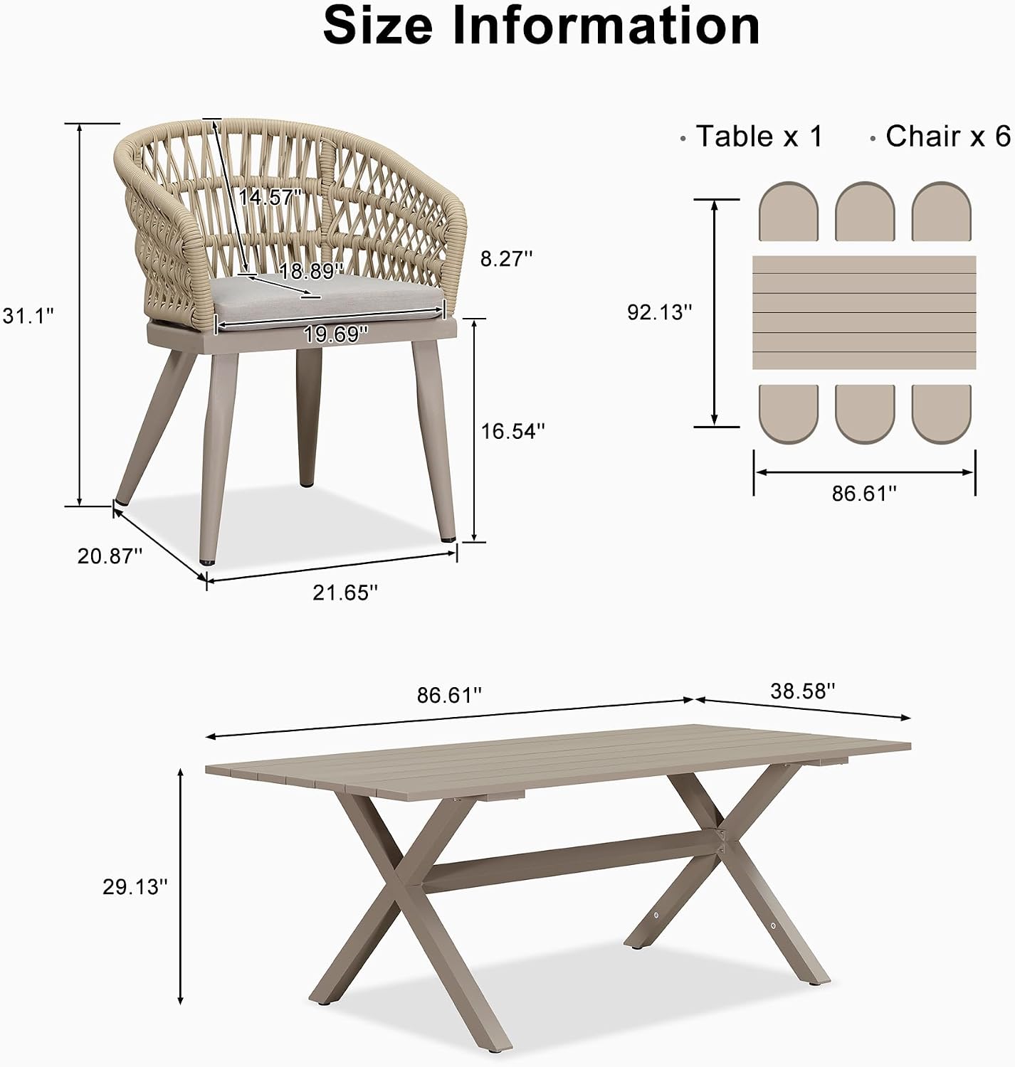 PURPLE LEAF Outdoor Dining Set All-Weather PE Rattan Patio Dining Furniture Set with All Aluminum Frame Rectangular Table and 6 Chairs Set for Lawn Garden Backyard Deck, Champagne