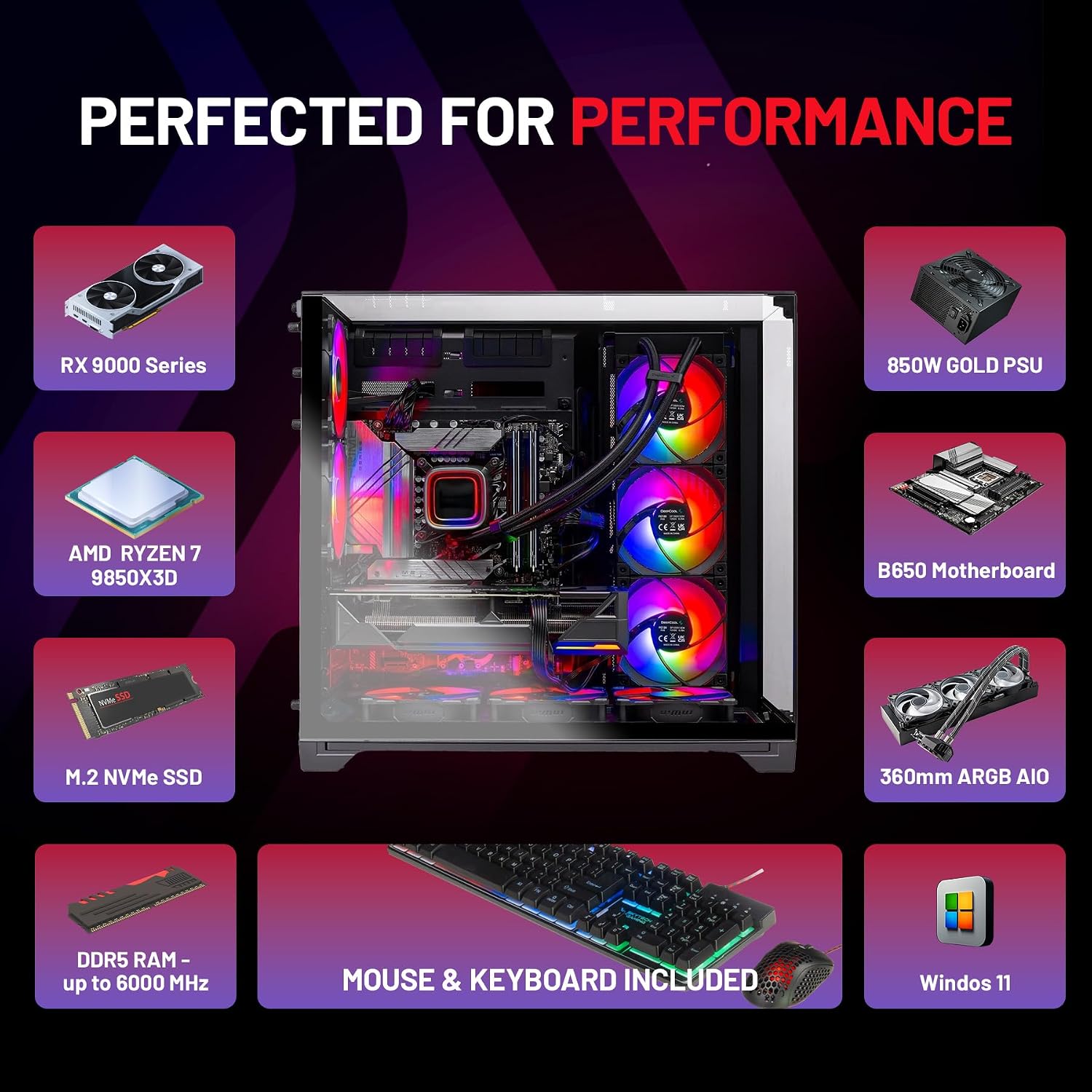 Skytech Gaming O11 Vision Gaming PC, AMD Ryzen 7 9850X3D 4.7GHz, AMD RX 9070XT 16GB VRAM, 2TB NVMe SSD, 32GB DDR5 RAM 5600, 850W Gold ATX 3 PSU, 360 ARGB AIO, WI-FI 5, Windows 11, Desktop