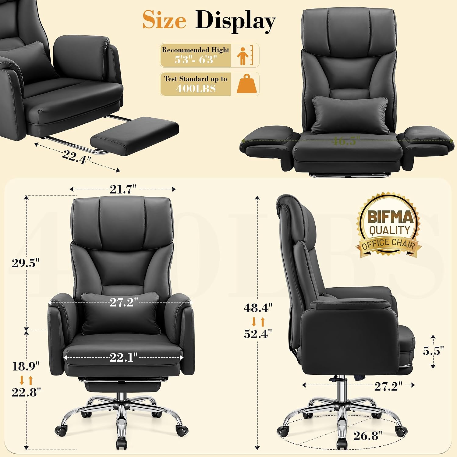 FelixKing Big and Tall Office Chair, 400LBS Wide Leather Executive Chair, Reversible Armrest for Pets Criss Cross Legged, 135° Reclining High Back Gaming Desk Chair with Lumbar Support Footrest, Black