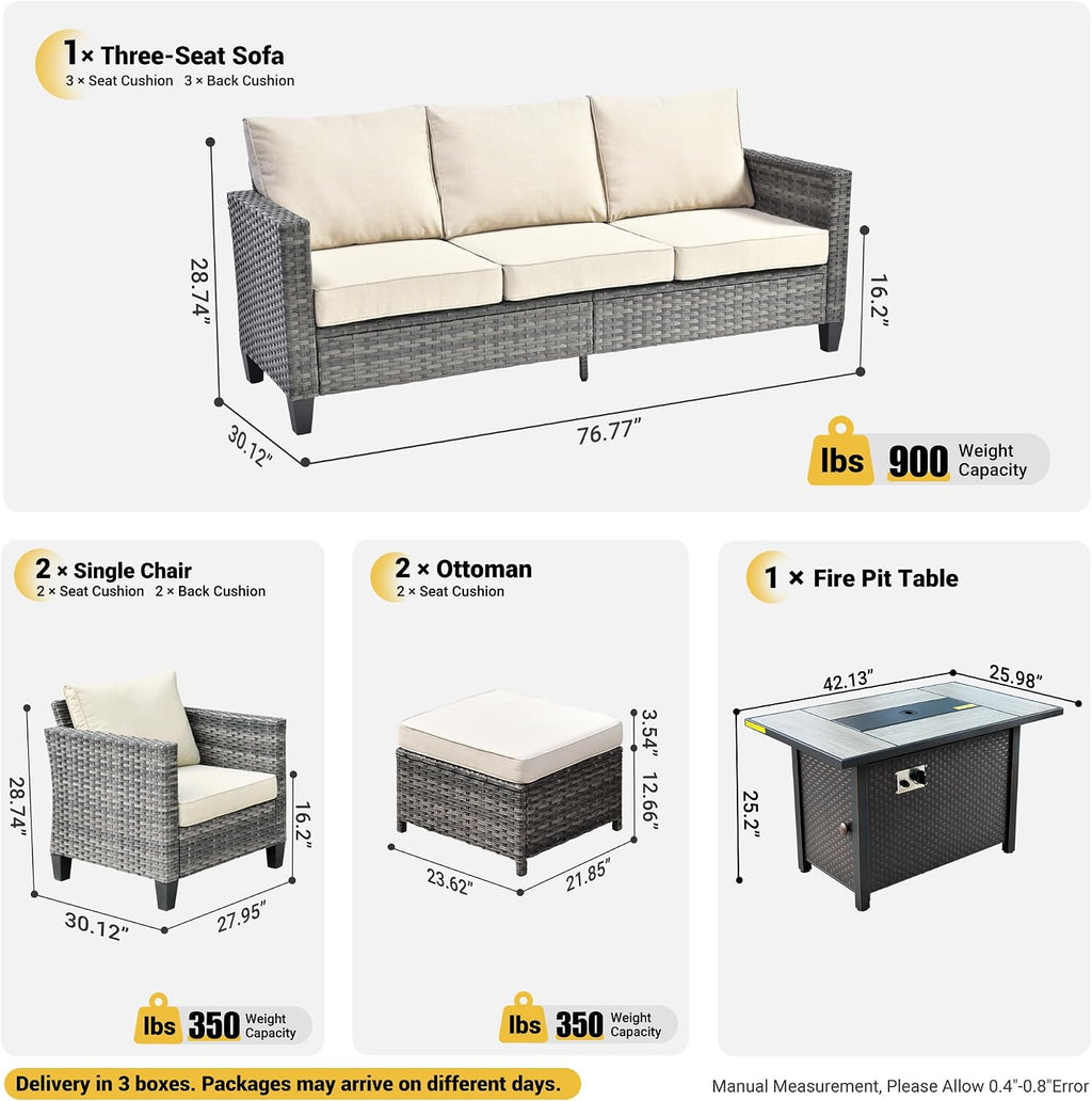 ovios 6 Pieces Patio Furniture Set with Fire Pit Table, Outdoor Wicker 3-Seat Sofa with Comfy Cushion, High Back Rattan Conversation Set for Deck Porch, Beige