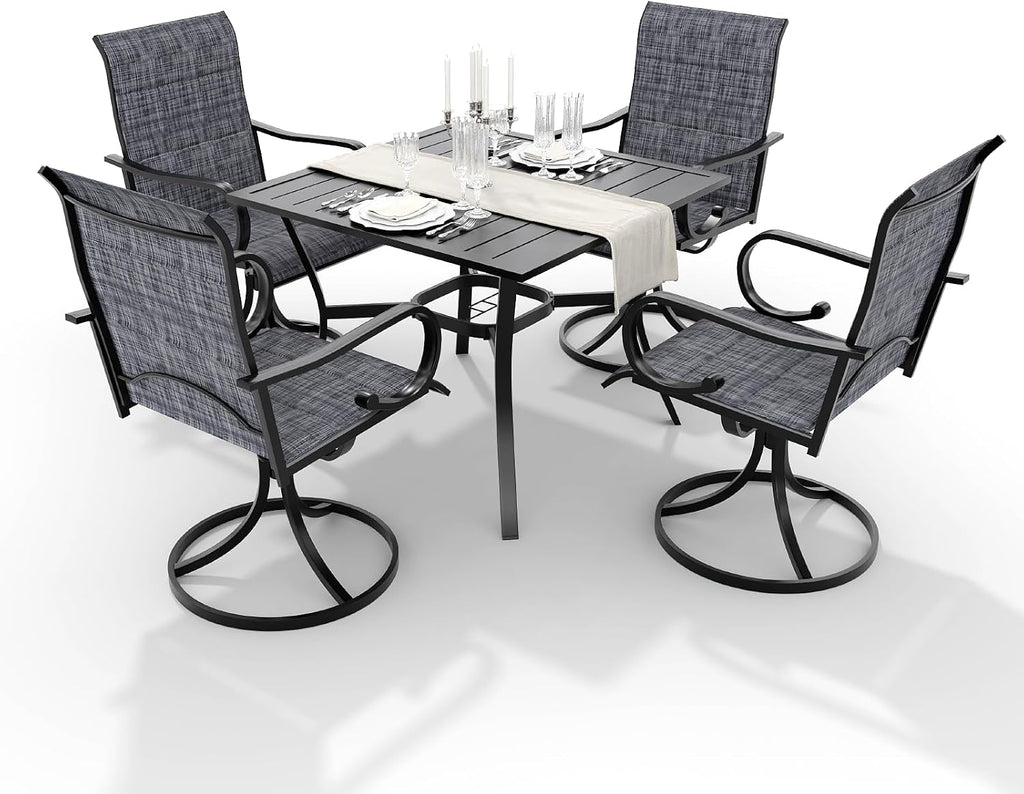 MELLCOM 5 Pieces Outdoor Dining Set, 4 Swivel Rocker Chairs with High Back Textilene & Square Metal Dining Table with Umbrella Hole, Patio Furniture Set for Porch, Garden, Backyard, Deck, Grey