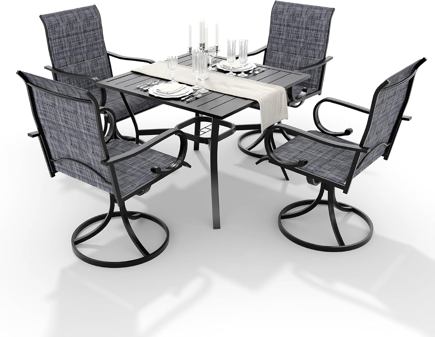 MELLCOM 5 Pieces Outdoor Dining Set, 4 Swivel Rocker Chairs with High Back Textilene & Square Metal Dining Table with Umbrella Hole, Patio Furniture Set for Porch, Garden, Backyard, Deck, Grey