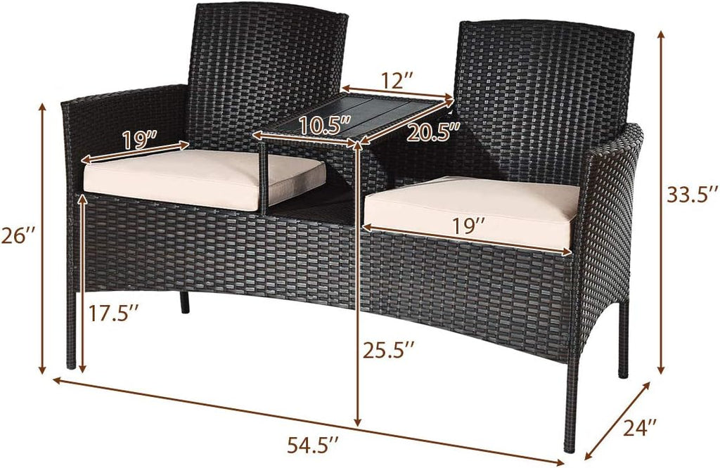 COSTWAY 2-Seat Patio Conversation Sets, Outdoor Patio Loveseat Set with Removable Cushions & Built-in Coffee Table for Backyard, Garden, Lawn, Balcony, Brown+Beige