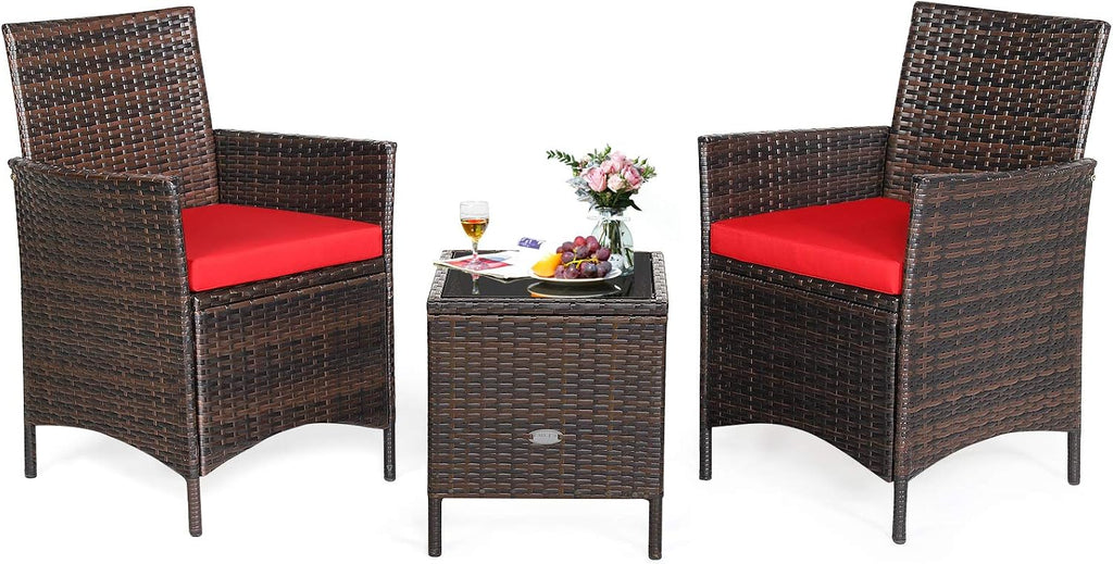 Tangkula 3-Piece Patio Conversation Set, Wicker Chairs with Glass Top Square Coffee Table & Cushions, All-Weather Outdoor Rattan Furniture Set for Garden Backyard Balcony Poolside (Red)