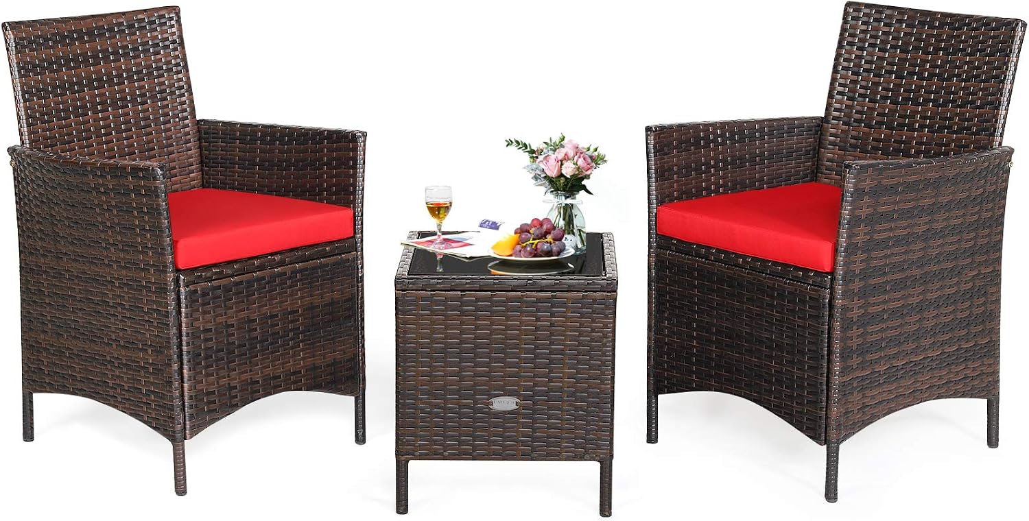 Tangkula 3-Piece Patio Conversation Set, Wicker Chairs with Glass Top Square Coffee Table & Cushions, All-Weather Outdoor Rattan Furniture Set for Garden Backyard Balcony Poolside (Red)