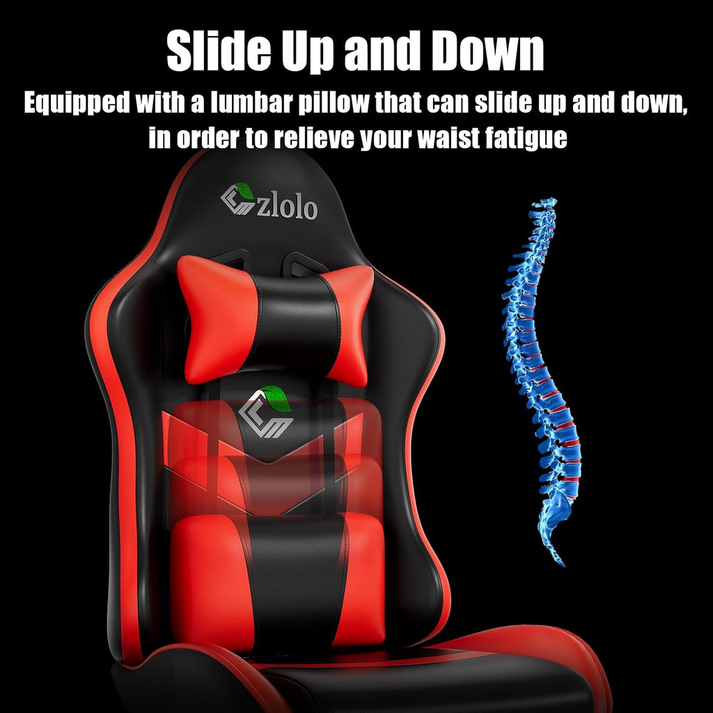 Czlolo Gaming Chair, Ergonomic Office Computer Chair with Footrest and Lumbar Support Massager Racing Style High Back Video Gamer Chair, Wide＆Thick Cushion, 90°-135° Recline, Adjustable Height, Red