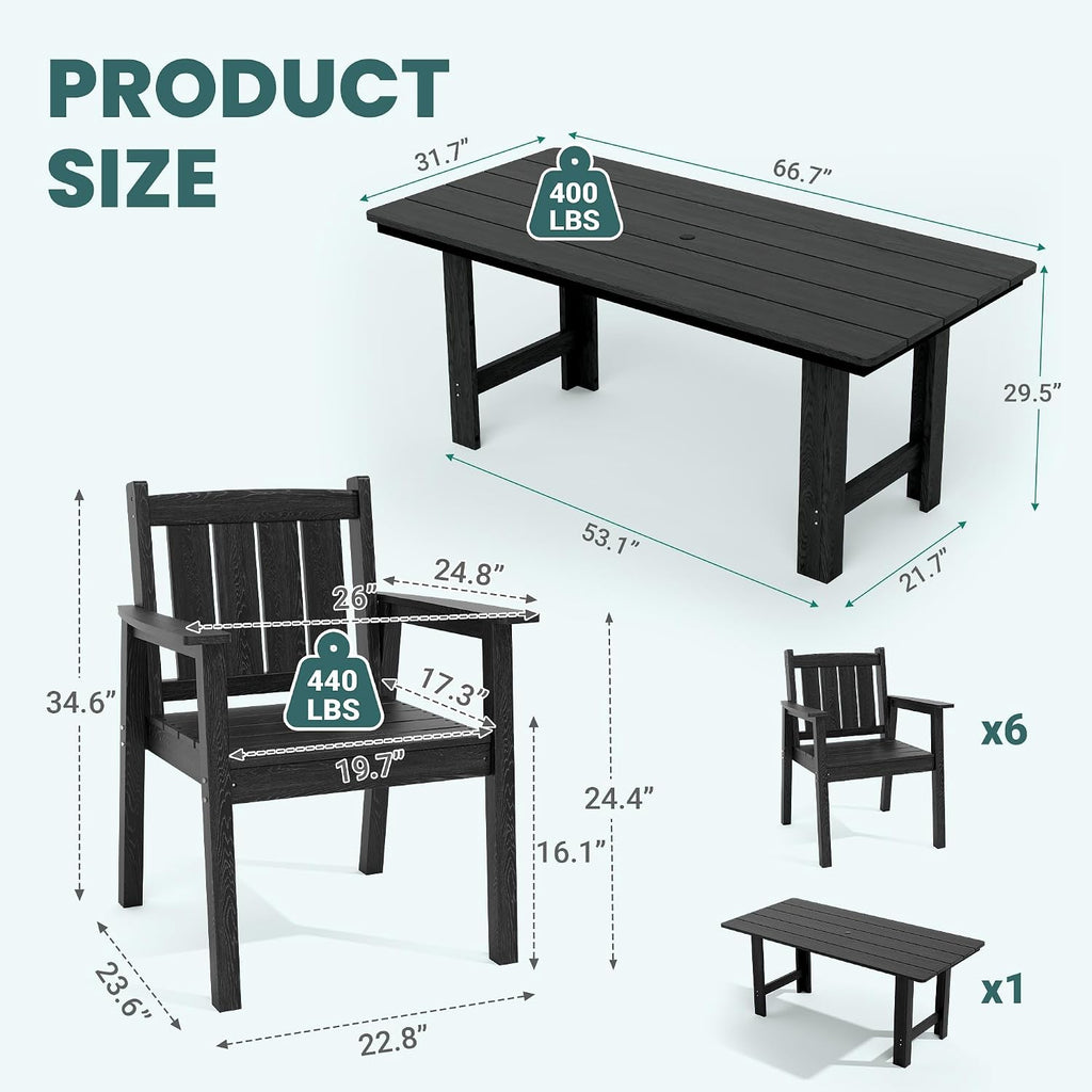 Pamapic 7 PCS Outdoor Dining Set, Spacious HDPE Outdoor Table and Chairs, Wood Grain Patio Furniture Sets with Elegant Armrest, All-Weather Patio Dining Table with Umbrella Hole, Black