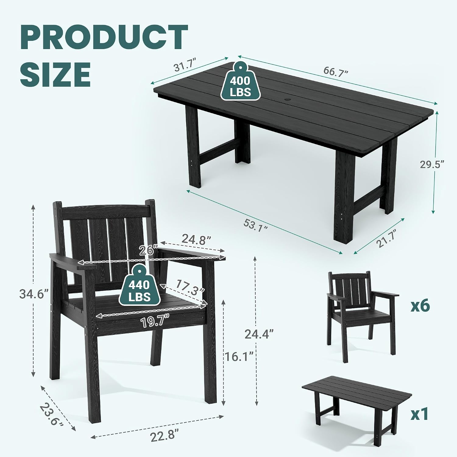 Pamapic 7 PCS Outdoor Dining Set, Spacious HDPE Outdoor Table and Chairs, Wood Grain Patio Furniture Sets with Elegant Armrest, All-Weather Patio Dining Table with Umbrella Hole, Black