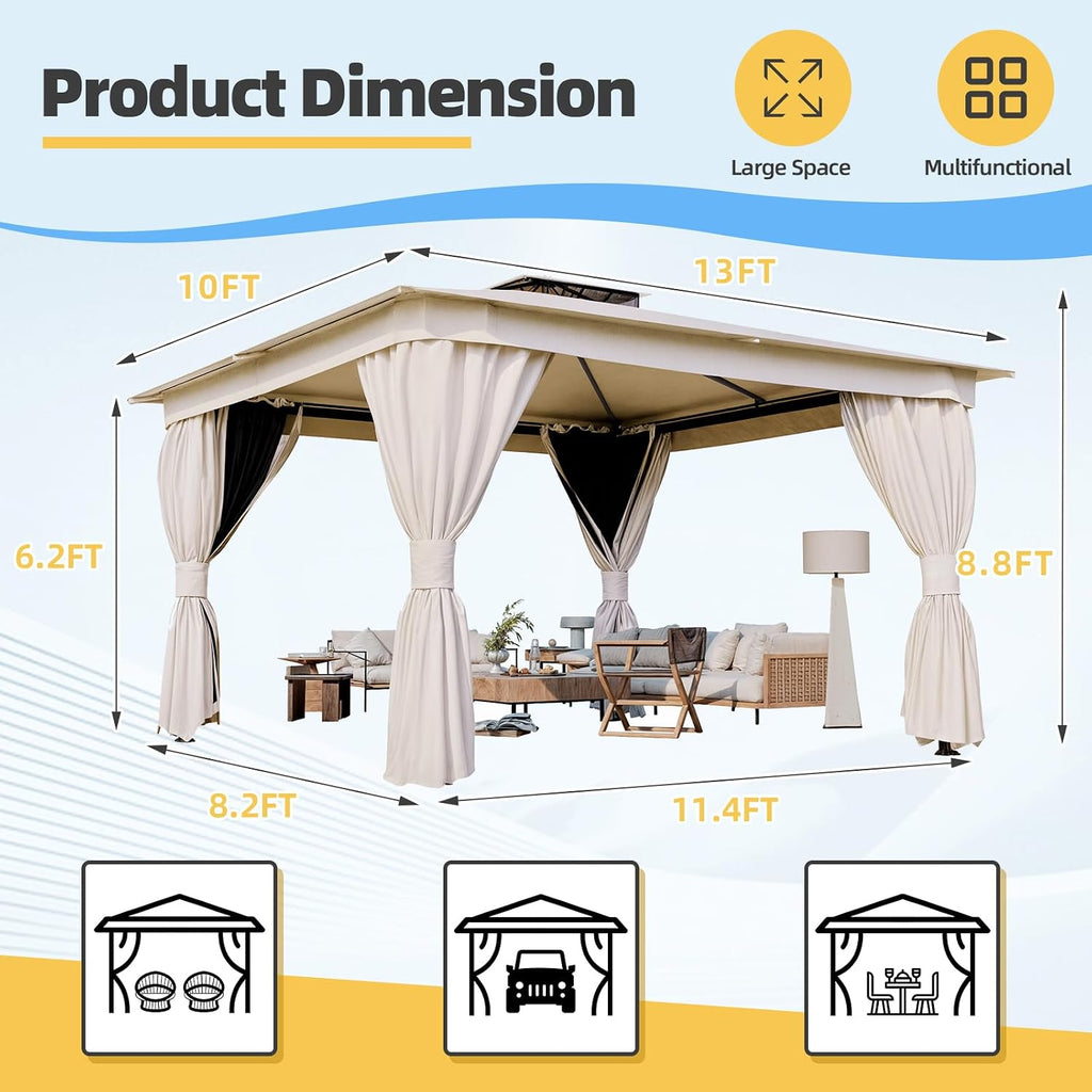 MELLCOM 10'x13' Outdoor Kahaki Gazebo for Patio, Heavy Duty Party Tent with Double Roofs, Outdoor Canopy with Curtains and Nettings for Deck, Lawn and Backyard
