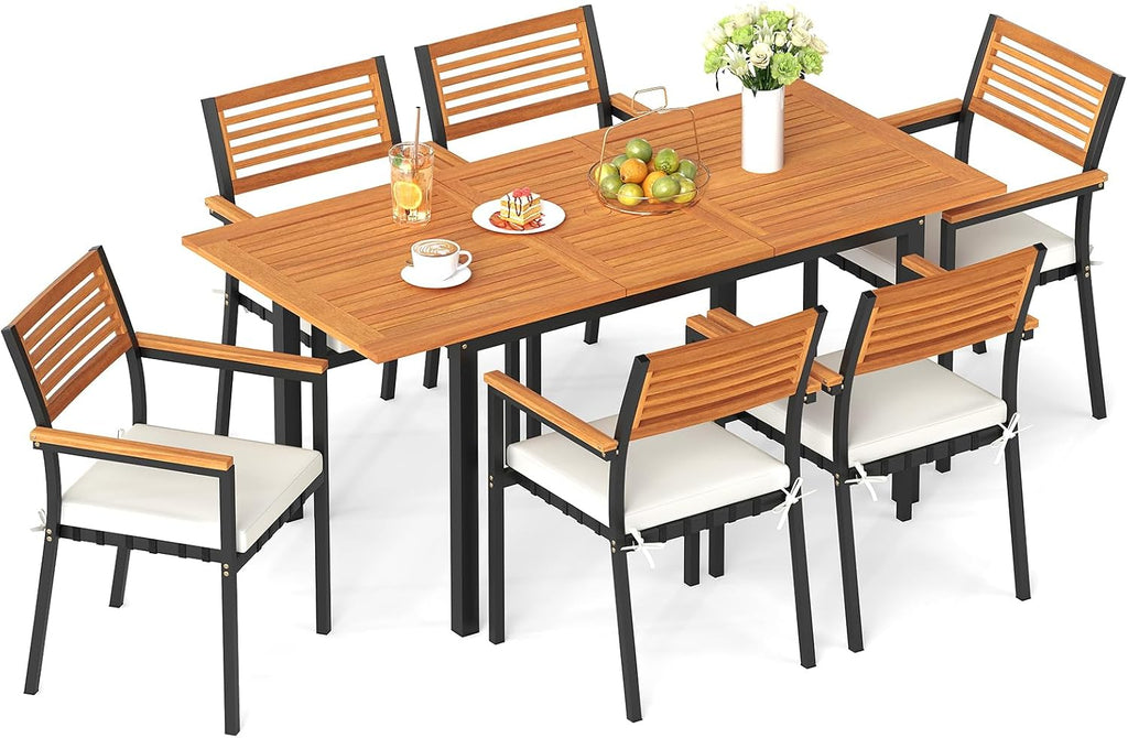 Tangkula 7 Piece Patio Dining Set, Outdoor Acacia Wood Cushioned Chairs and 51'-64' Expandable Rectangular Table Set, with Umbrella Hole, 6 Stackable Armchairs, for Poolside Garden (Off White)