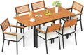 Tangkula 7 Piece Patio Dining Set, Outdoor Acacia Wood Cushioned Chairs and 51'-64' Expandable Rectangular Table Set, with Umbrella Hole, 6 Stackable Armchairs, for Poolside Garden (Off White)