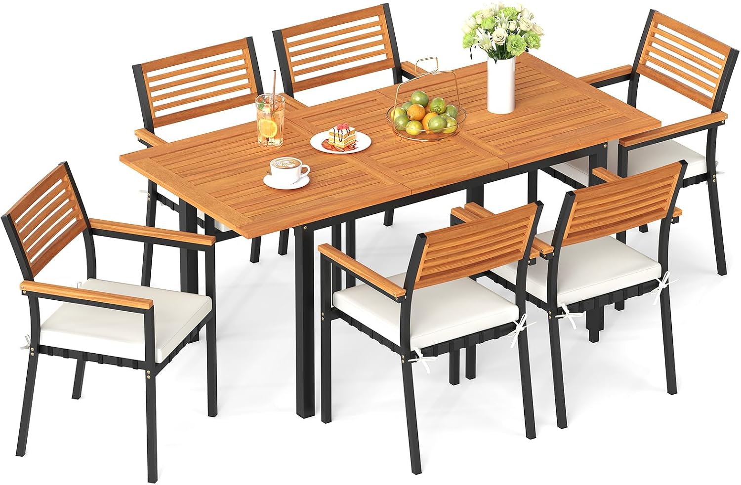 Tangkula 7 Piece Patio Dining Set, Outdoor Acacia Wood Cushioned Chairs and 51'-64' Expandable Rectangular Table Set, with Umbrella Hole, 6 Stackable Armchairs, for Poolside Garden (Off White)