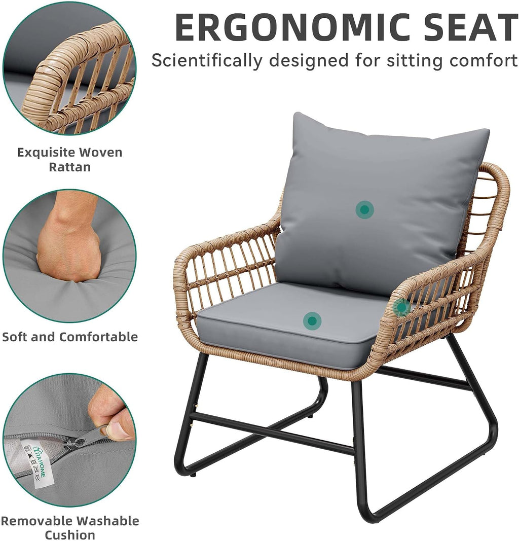 YITAHOME 4-Piece Patio Furniture Set, Wicker Outdoor Furniture Set with Cushions, Outdoor Table and Chairs for Balcony, Backyard, Deck, All-Weather Rattan Conversation Set, Light Gray