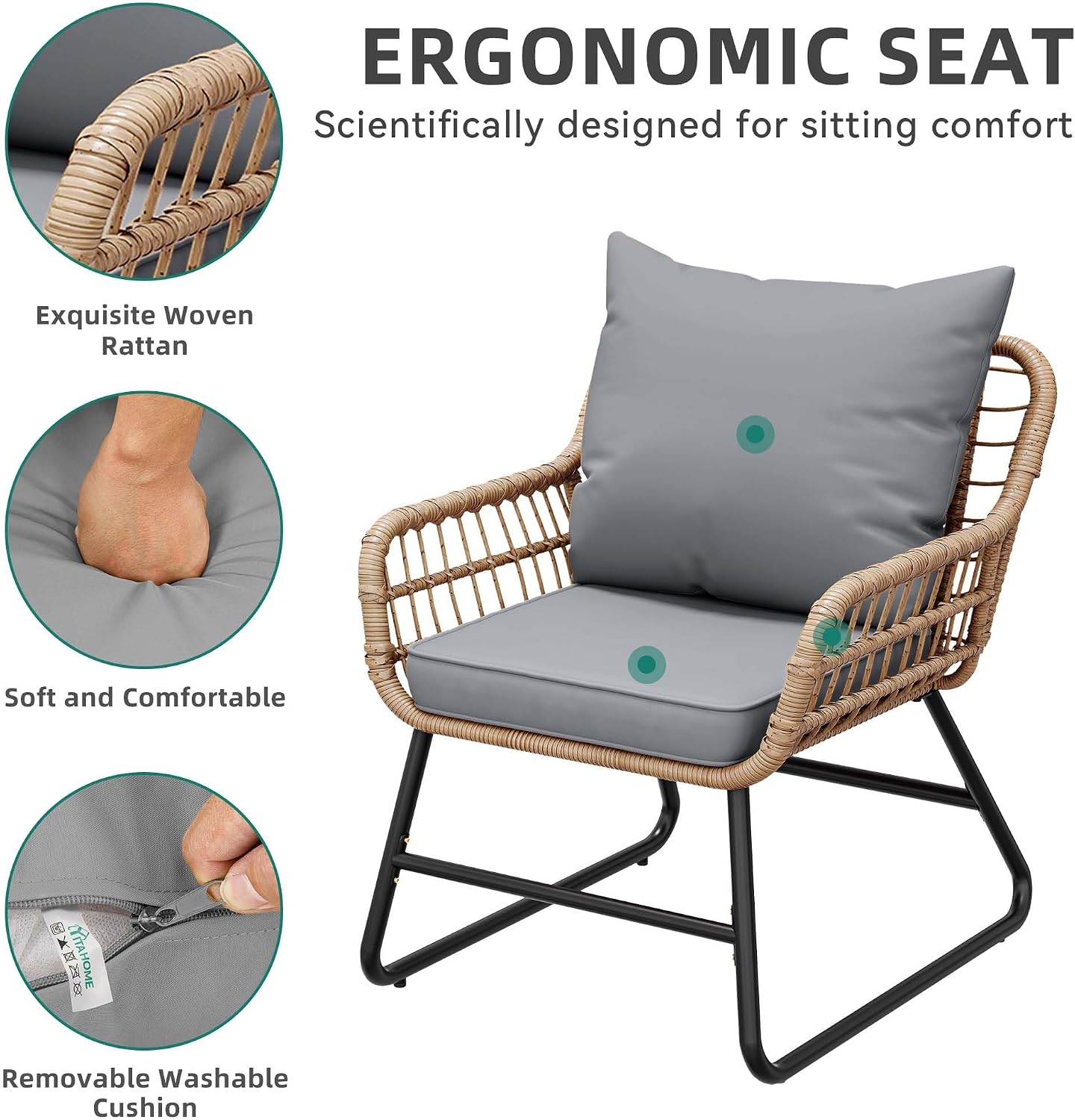 YITAHOME 4-Piece Patio Furniture Set, Wicker Outdoor Furniture Set with Cushions, Outdoor Table and Chairs for Balcony, Backyard, Deck, All-Weather Rattan Conversation Set, Light Gray