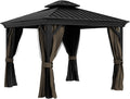 Outsunny 10' x 10' Hardtop Gazebo with Curtains and Netting, Permanent Pavilion Metal Double Roof Gazebo Canopy with Aluminum Frame and Hooks, for Garden, Patio, Backyard, Dark Brown
