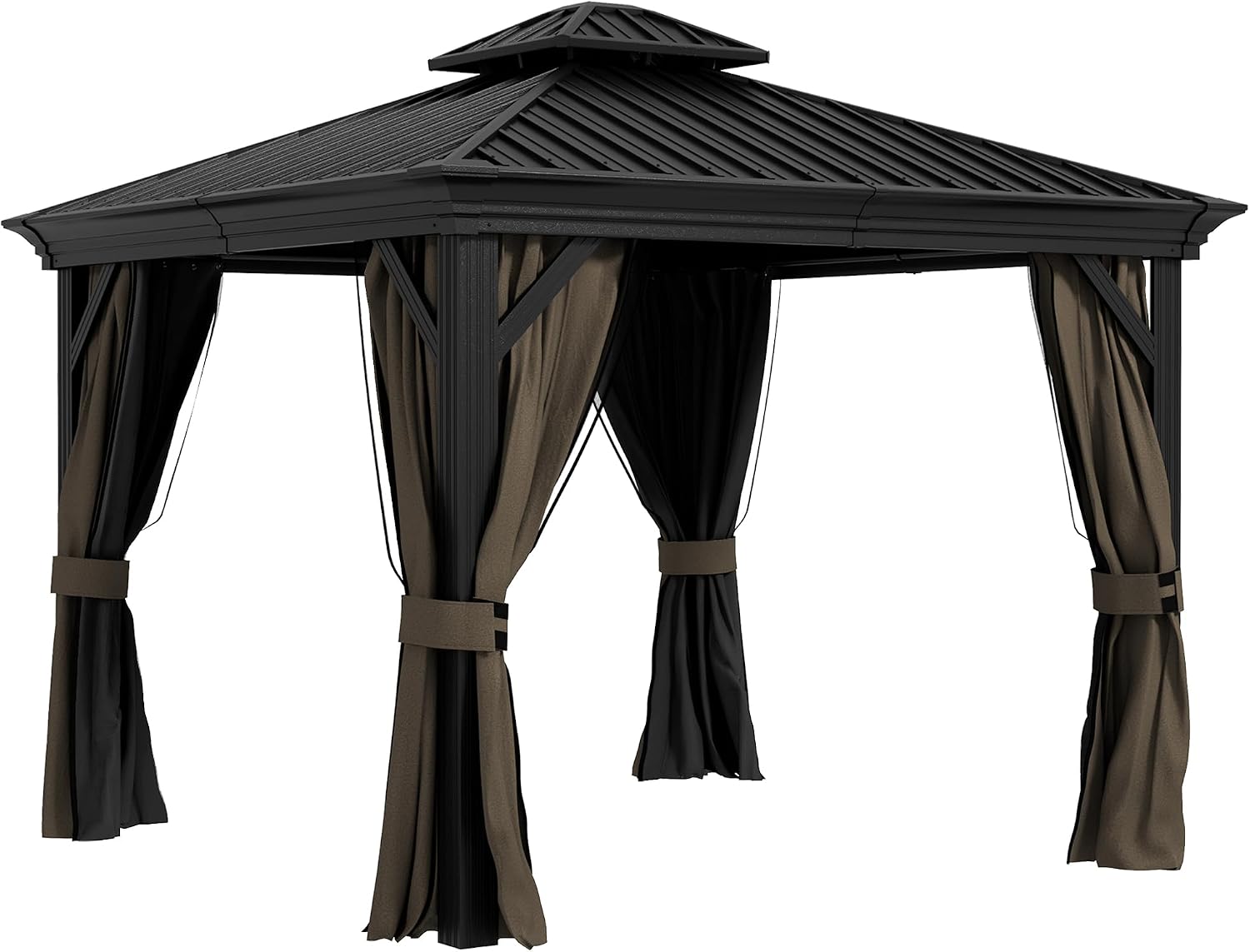 Outsunny 10' x 10' Hardtop Gazebo with Curtains and Netting, Permanent Pavilion Metal Double Roof Gazebo Canopy with Aluminum Frame and Hooks, for Garden, Patio, Backyard, Dark Brown