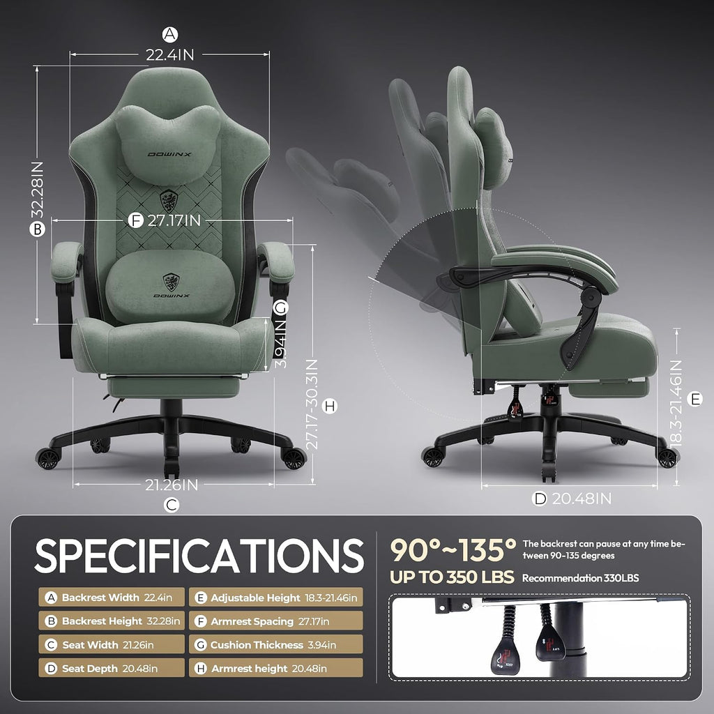 Dowinx Gaming Chair with Heated Massage Lumbar Support,Big and Tall Fabric Gaming Chairs for Adults with Footrest, Ergonomic Computer Game Chair with Poket Spring Cushions, 350lbs, Green