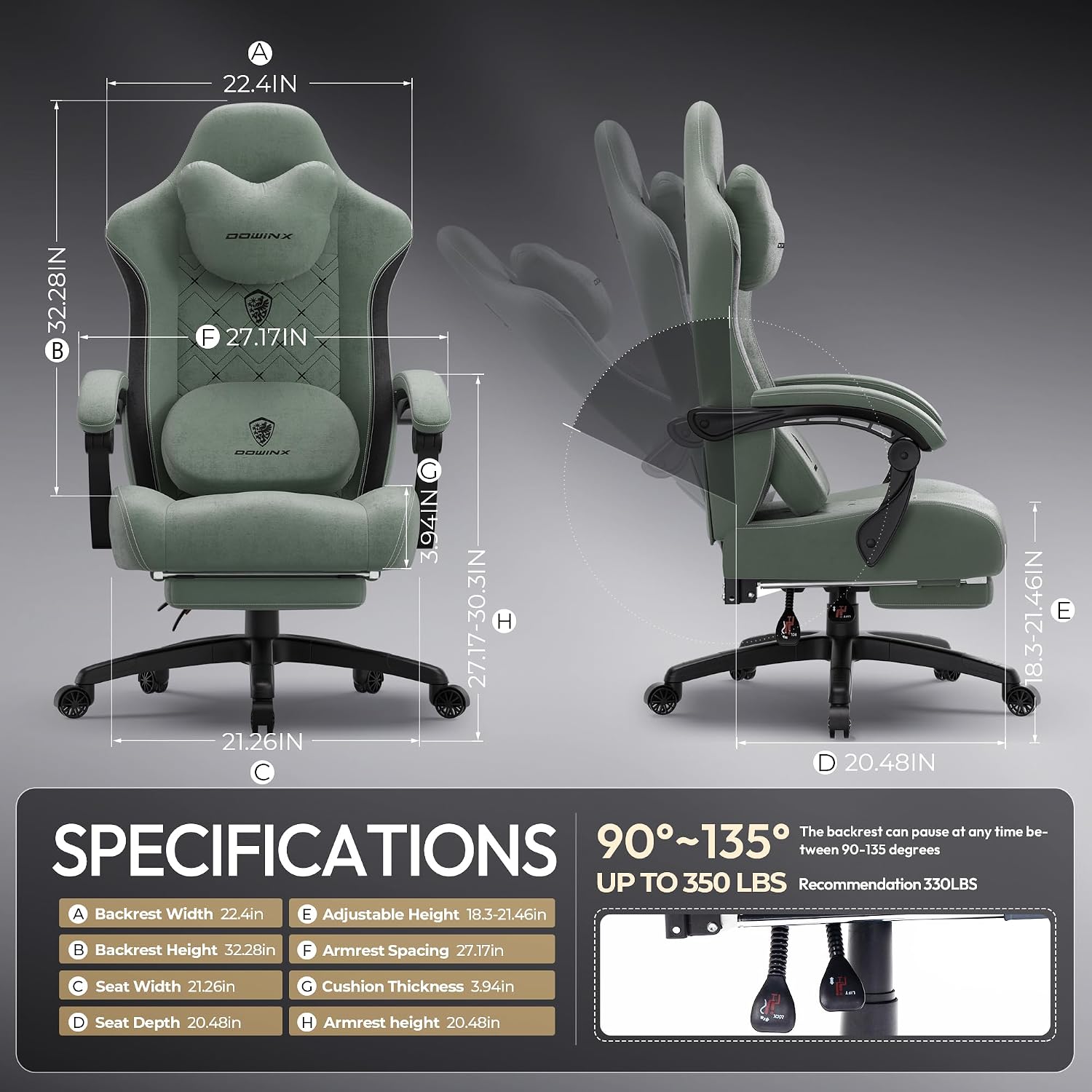 Dowinx Gaming Chair with Heated Massage Lumbar Support,Big and Tall Fabric Gaming Chairs for Adults with Footrest, Ergonomic Computer Game Chair with Poket Spring Cushions, 350lbs, Green