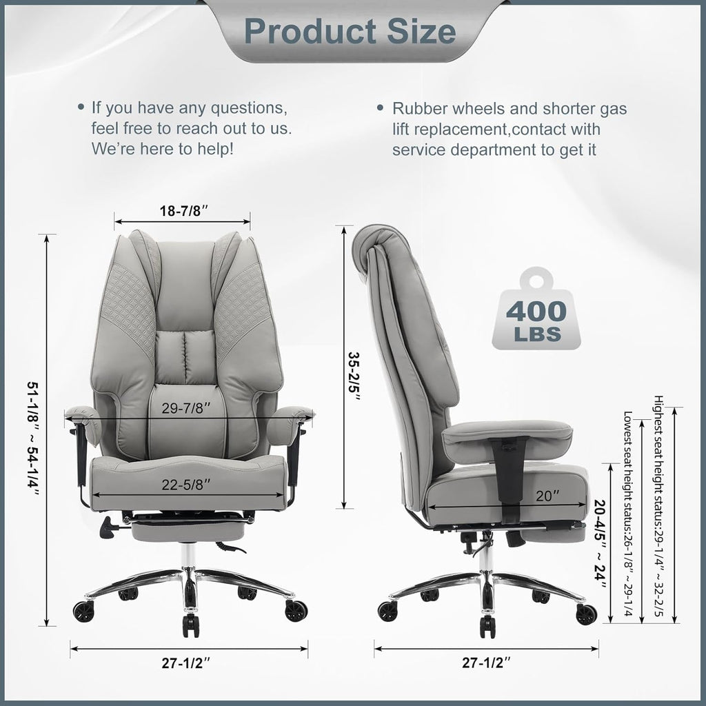 EXCEBET Big and Tall Office Chair 400lbs Wide Seat, Leather High Back Executive Office Chair with Foot Rest, Ergonomic Chairs Lumbar Support for Lower Back Pain Relief (Light Grey)