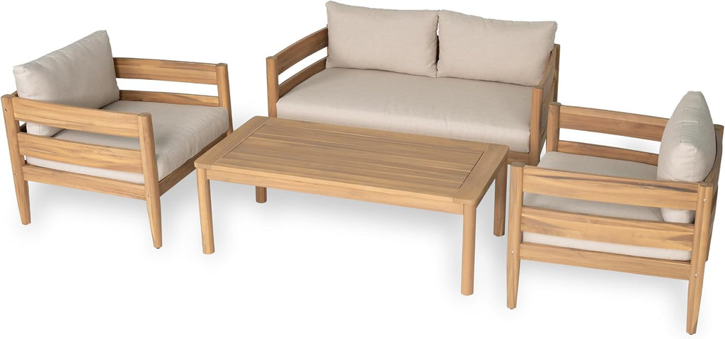 Christopher Knight Home Kory 4-Piece Acacia Wood Patio Furniture Set, Outdoor Conversation Sofa Chat Set with Club Chair and Coffee Table, Patio 4-Seater Seating Group for Backyard Balcony, Teak+Beige