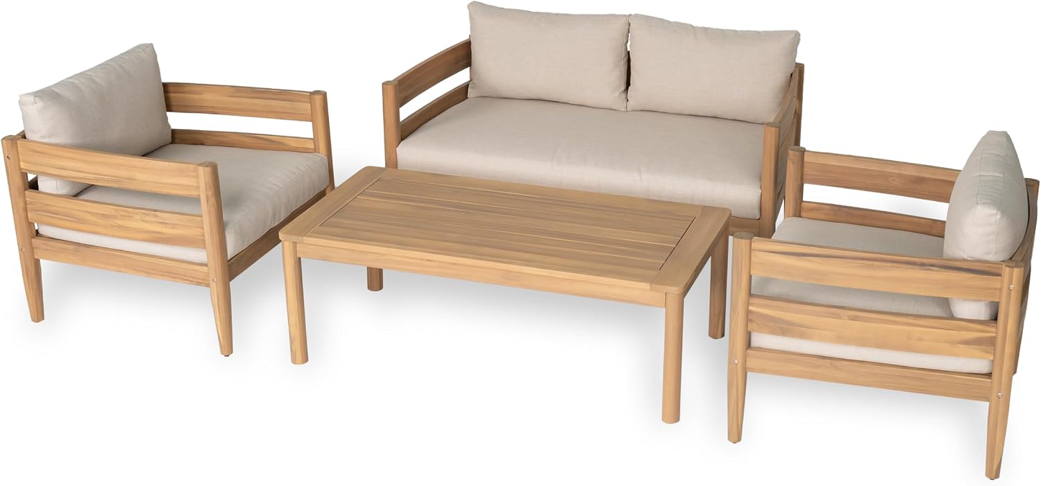 Christopher Knight Home Kory 4-Piece Acacia Wood Patio Furniture Set, Outdoor Conversation Sofa Chat Set with Club Chair and Coffee Table, Patio 4-Seater Seating Group for Backyard Balcony, Teak+Beige