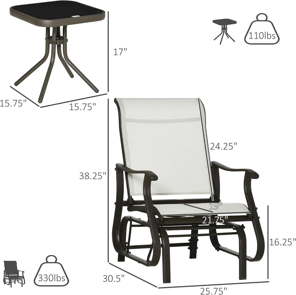 Outsunny 3-Piece Outdoor Gliders Set, Bistro Table and Chairs with Steel Frame, Tempered Glass Top Table for Patio, Garden, Backyard, Lawn, Cream White